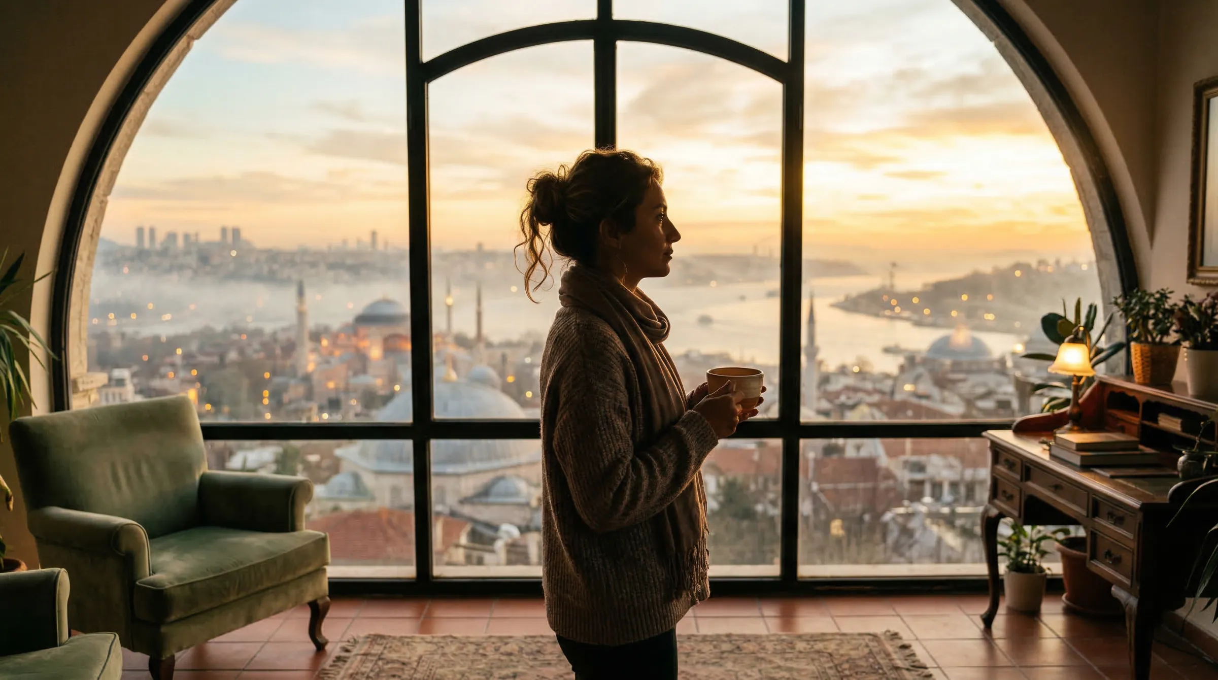 Pencere önünde elinde fincanla duran kadın silüeti